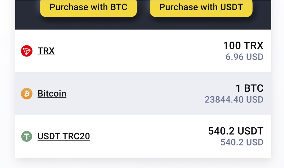 Transfer BTC, TRX or USDT to your Tectum wallet